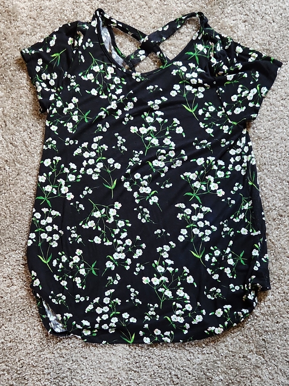 Women’s Black Floral Short Sleeve Tee with Cross-Back Detail